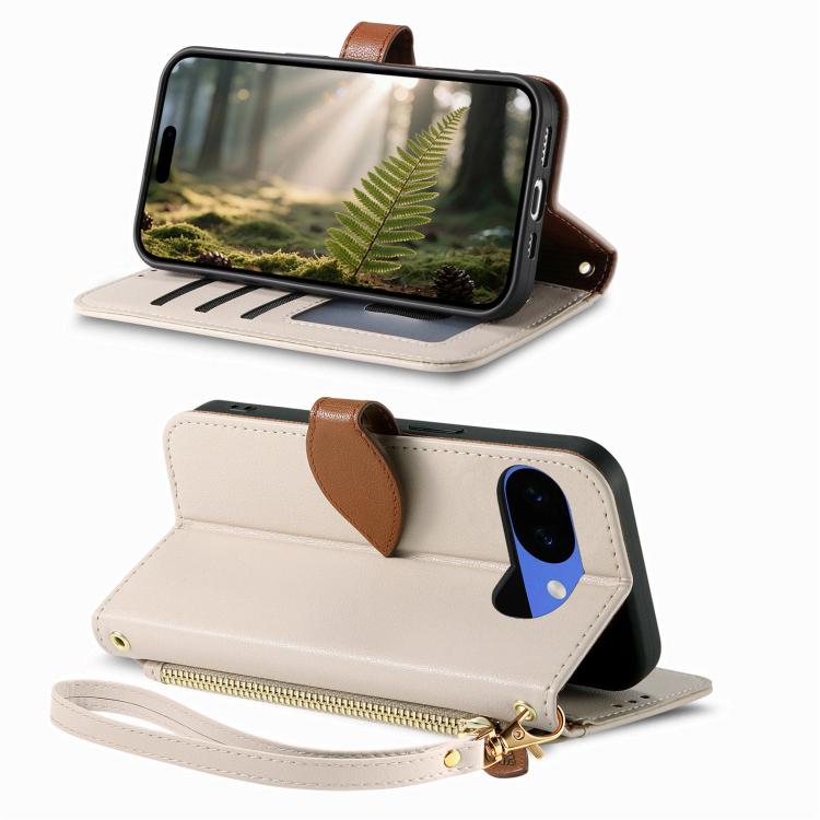 For Google Pixel 10a Leaf Buckle Zipper Wallet Leather Phone Case with Strap