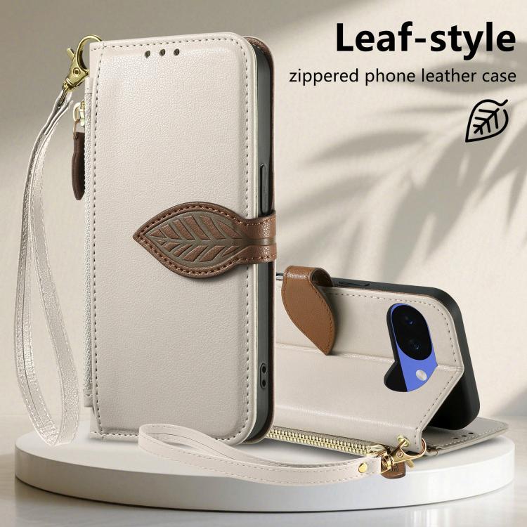 For Google Pixel 10a Leaf Buckle Zipper Wallet Leather Phone Case with Strap