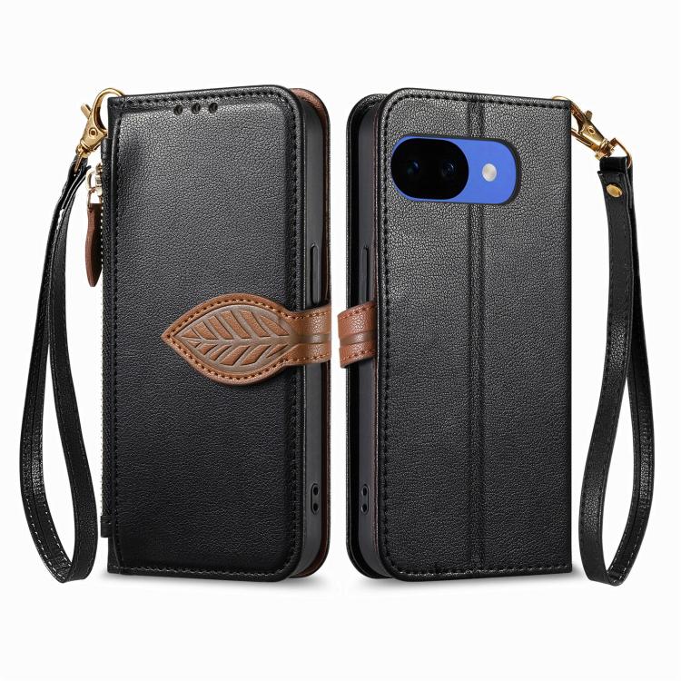 For Google Pixel 10a Leaf Buckle Zipper Wallet Leather Phone Case with Strap