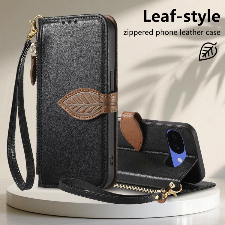 For Google Pixel 10a Leaf Buckle Zipper Wallet Leather Phone Case with Strap