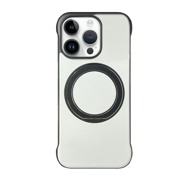 For iPhone 14 Pro Frameless Leather-Skin PC MagSafe Holder Phone Case