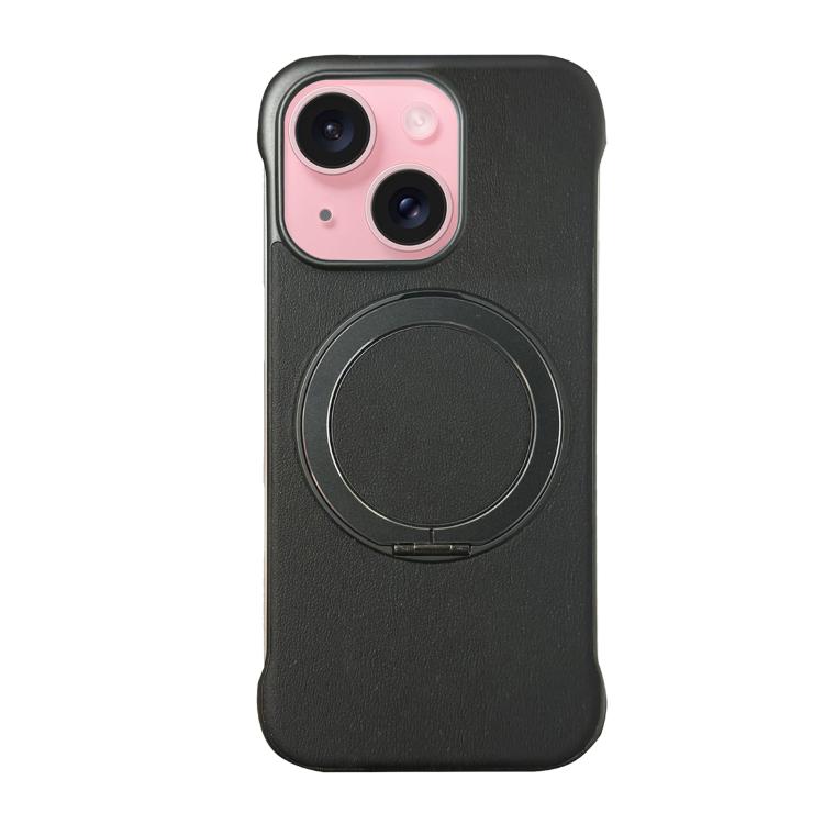 For iPhone 15 Frameless Leather-Skin PC MagSafe Holder Phone Case