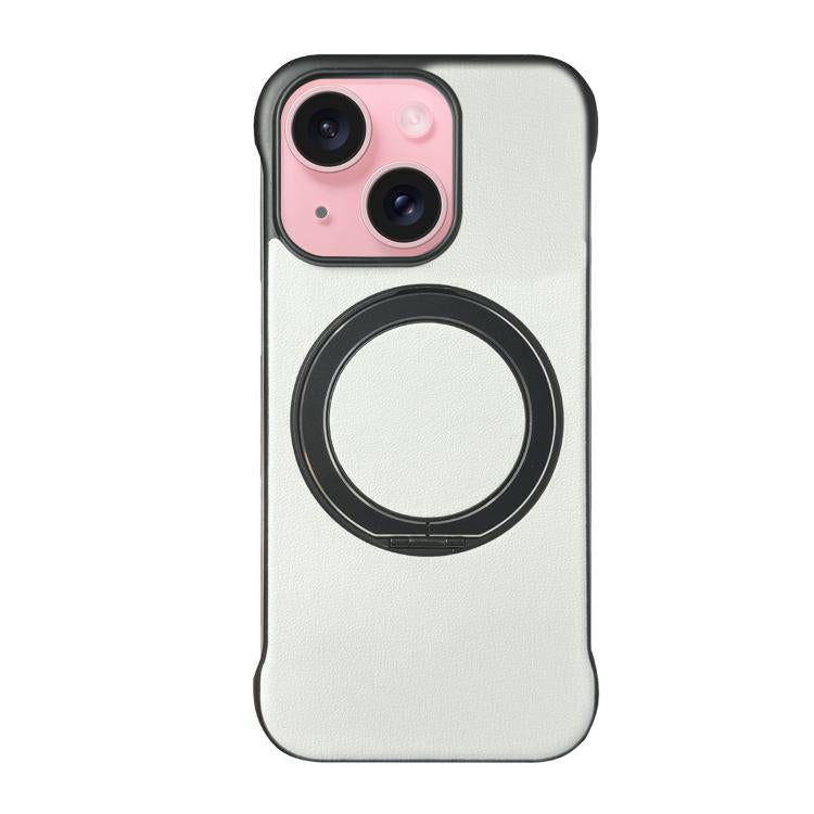 For iPhone 15 Frameless Leather-Skin PC MagSafe Holder Phone Case