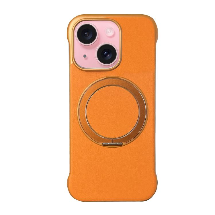 For iPhone 15 Frameless Leather-Skin PC MagSafe Holder Phone Case