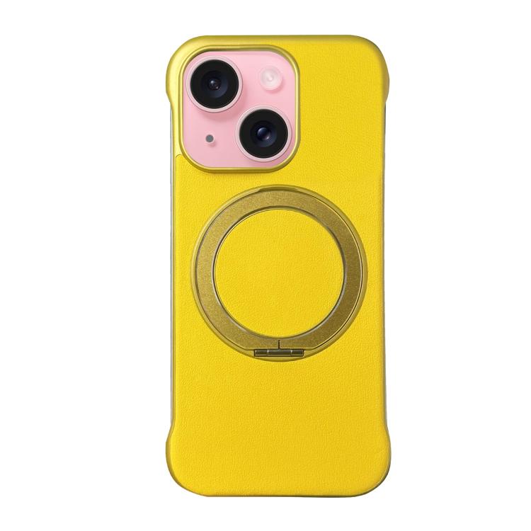 For iPhone 15 Frameless Leather-Skin PC MagSafe Holder Phone Case