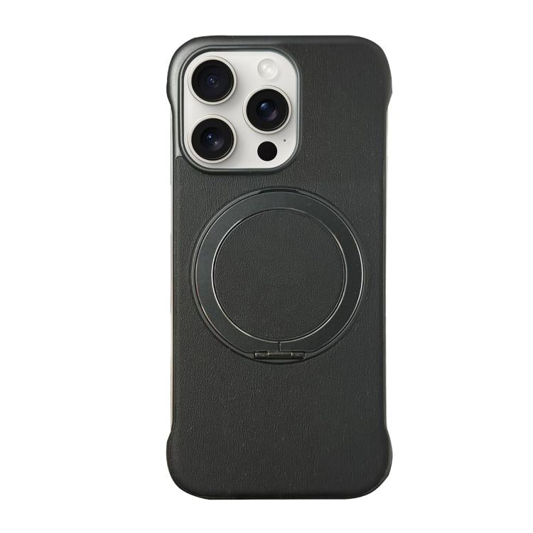 For iPhone 15 Pro Frameless Leather-Skin PC MagSafe Holder Phone Case