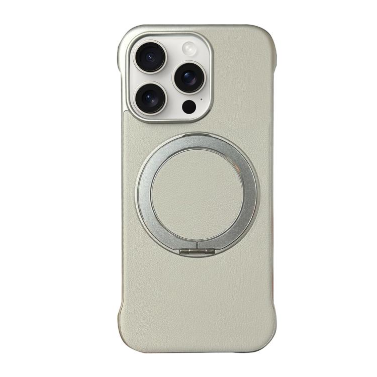 For iPhone 15 Pro Frameless Leather-Skin PC MagSafe Holder Phone Case