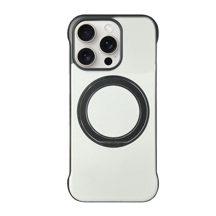 For iPhone 15 Pro Frameless Leather-Skin PC MagSafe Holder Phone Case