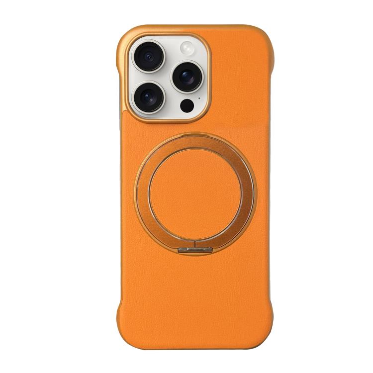 For iPhone 15 Pro Frameless Leather-Skin PC MagSafe Holder Phone Case