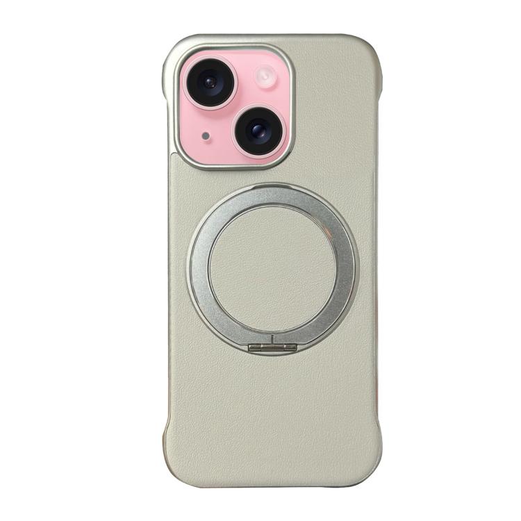For iPhone 15 Plus Frameless Leather-Skin PC MagSafe Holder Phone Case