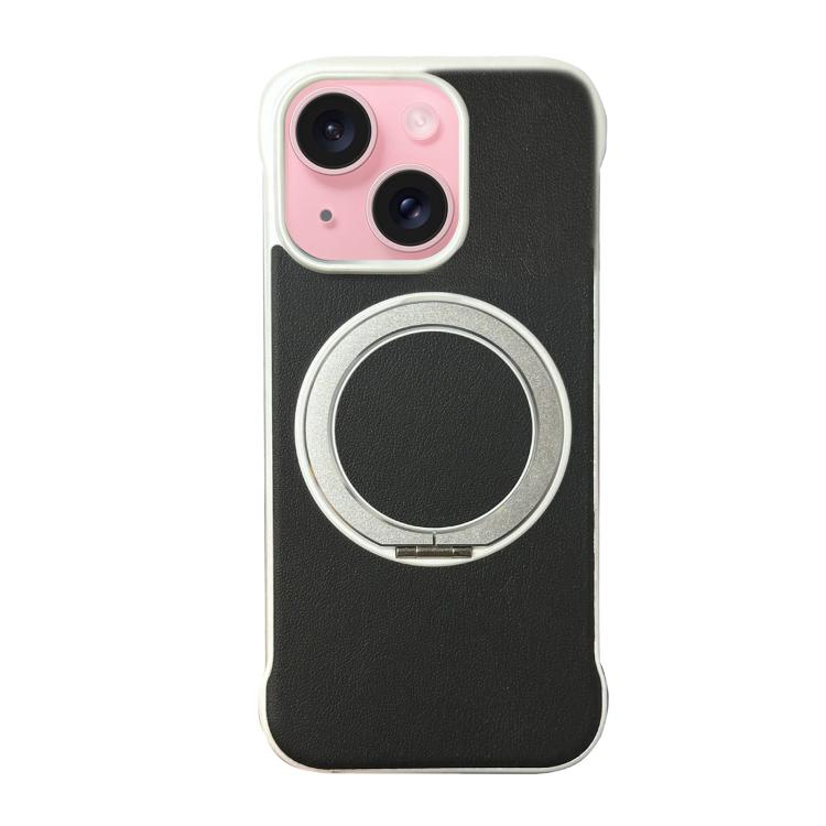 For iPhone 15 Plus Frameless Leather-Skin PC MagSafe Holder Phone Case