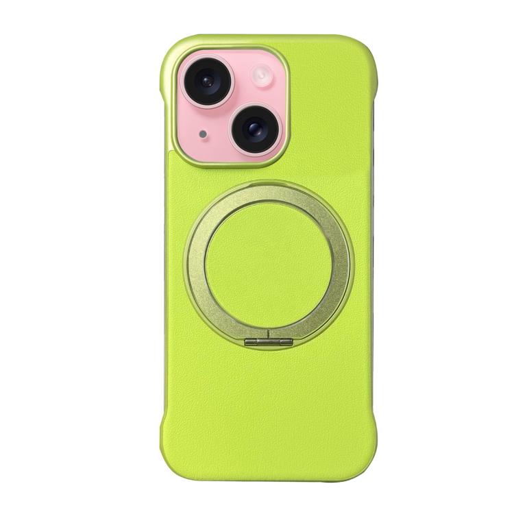 For iPhone 15 Plus Frameless Leather-Skin PC MagSafe Holder Phone Case