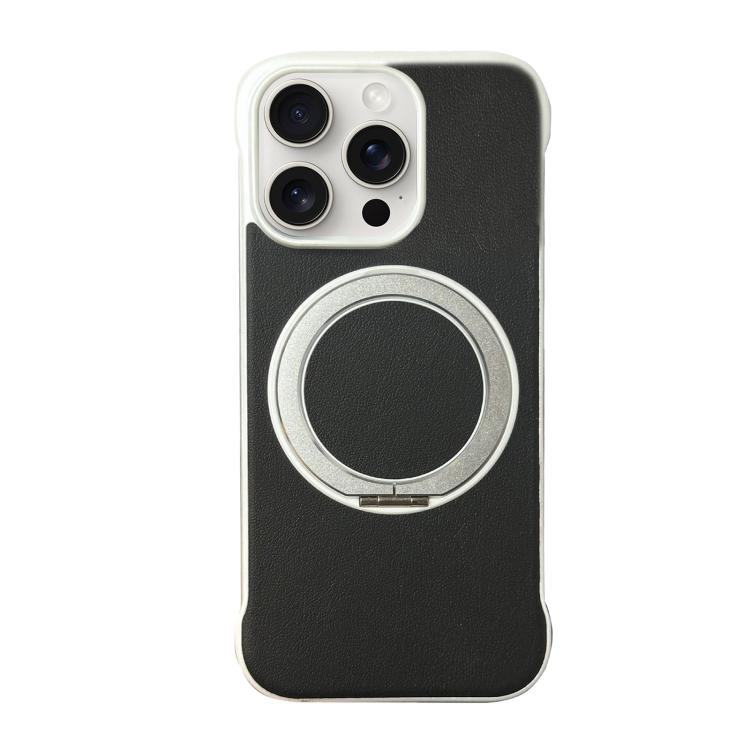 For iPhone 15 Pro Max Frameless Leather-Skin PC MagSafe Holder Phone Case