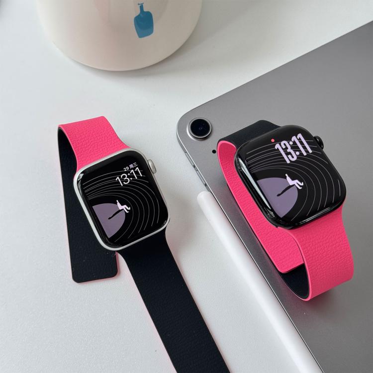For Apple Watch 46mm / 49mm / 45mm / 44mm Two-tone Lychee-textured Magnetic Silicone Watch Band