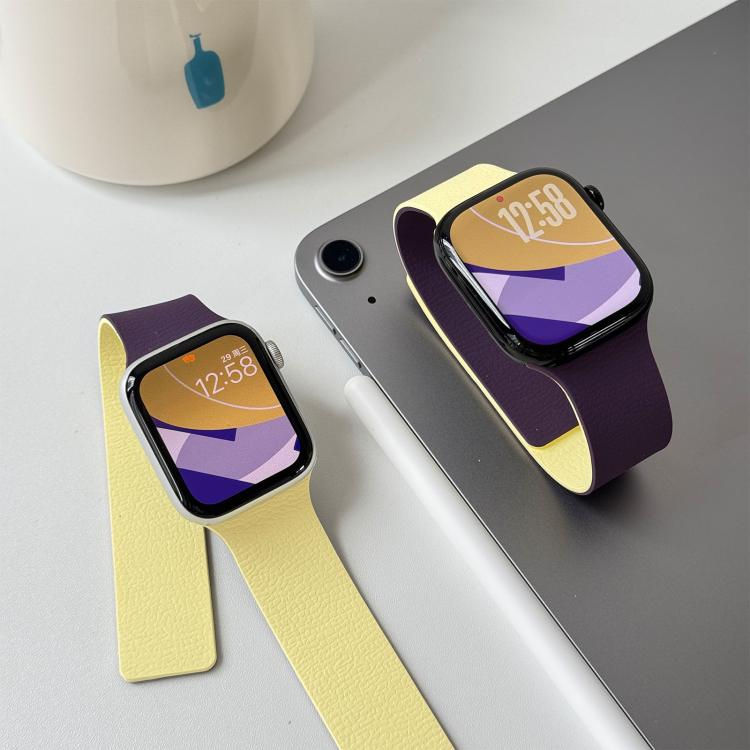For Apple Watch 46mm / 49mm / 45mm / 44mm Two-tone Lychee-textured Magnetic Silicone Watch Band
