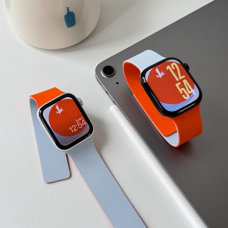 For Apple Watch 46mm / 49mm / 45mm / 44mm Two-tone Lychee-textured Magnetic Silicone Watch Band