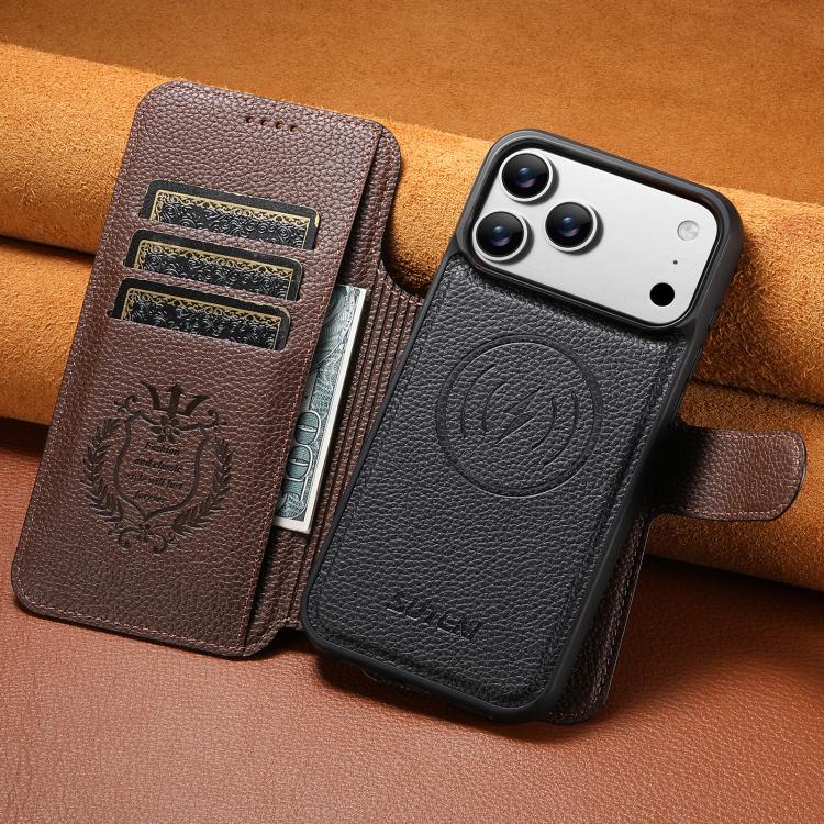 For iPhone 17 Pro Max Suteni Q05 -in-1 Multi-function MagSafe Wallet Big Litchi Leather Phone Case