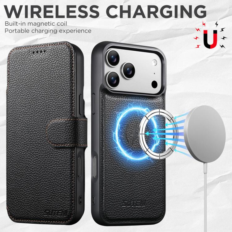 For iPhone 17 Pro Max Suteni Q05 -in-1 Multi-function MagSafe Wallet Big Litchi Leather Phone Case