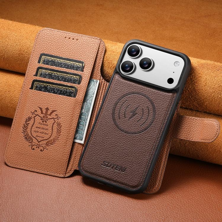 For iPhone 17 Pro Max Suteni Q05 -in-1 Multi-function MagSafe Wallet Big Litchi Leather Phone Case
