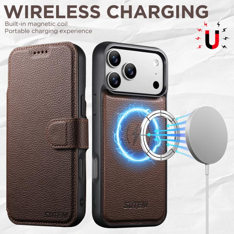 For iPhone 17 Pro Max Suteni Q05 -in-1 Multi-function MagSafe Wallet Big Litchi Leather Phone Case