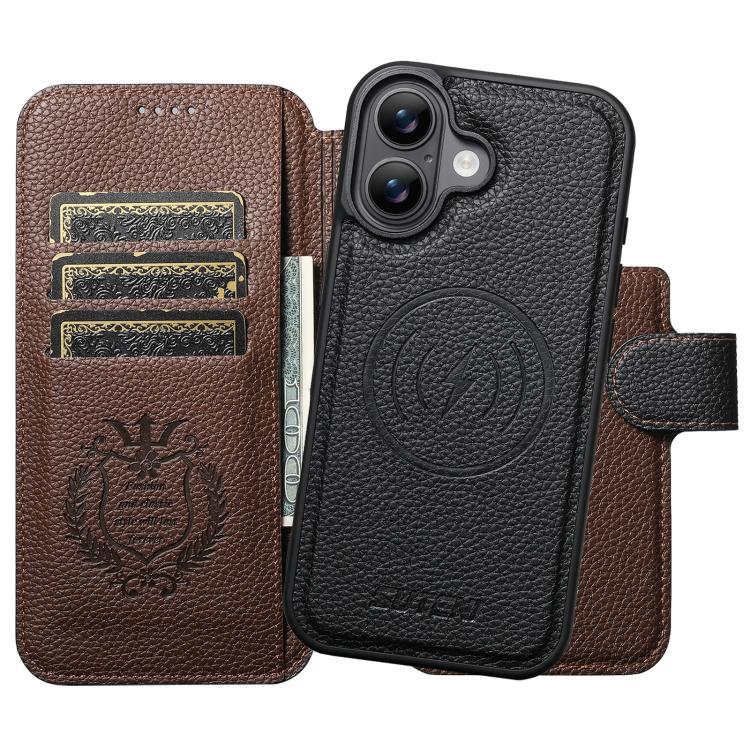 For iPhone 17 Suteni Q05 -in-1 Multi-function MagSafe Wallet Big Litchi Leather Phone Case
