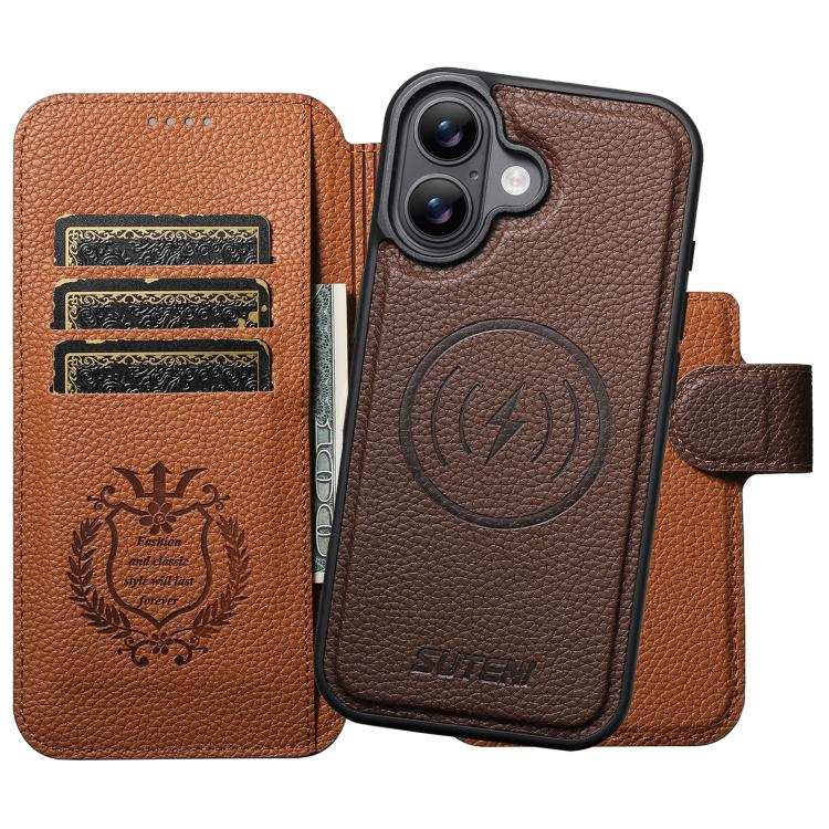 For iPhone 17 Suteni Q05 -in-1 Multi-function MagSafe Wallet Big Litchi Leather Phone Case