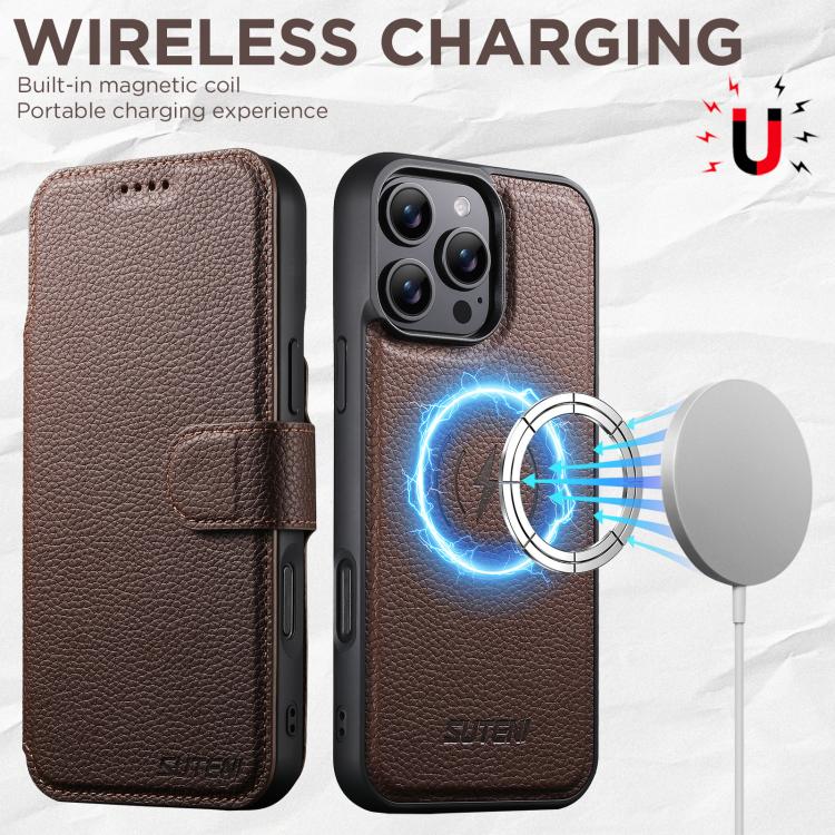 For iPhone 16 Pro Max Suteni Q05 -in-1 Multi-function MagSafe Wallet Big Litchi Leather Phone Case