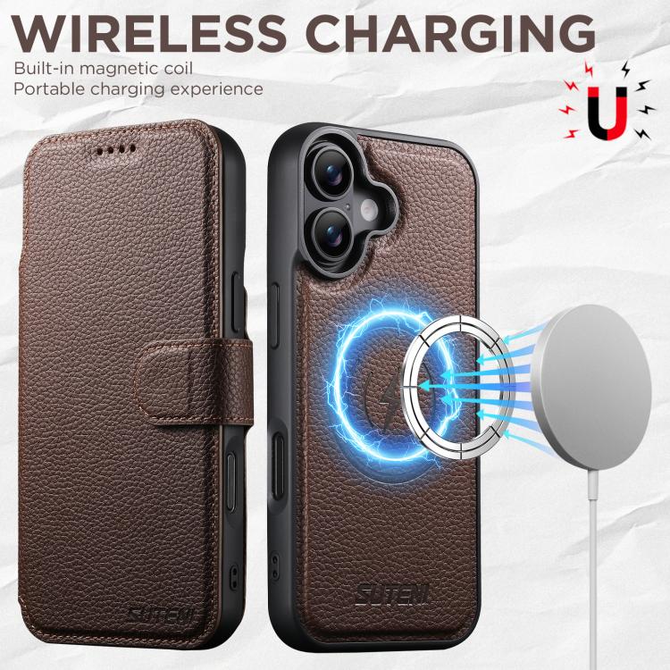 For iPhone 16 Suteni Q05 -in-1 Multi-function MagSafe Wallet Big Litchi Leather Phone Case