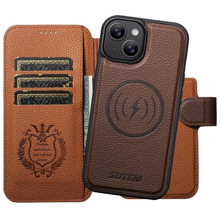 For iPhone 15 Suteni Q05 -in-1 Multi-function MagSafe Wallet Big Litchi Leather Phone Case