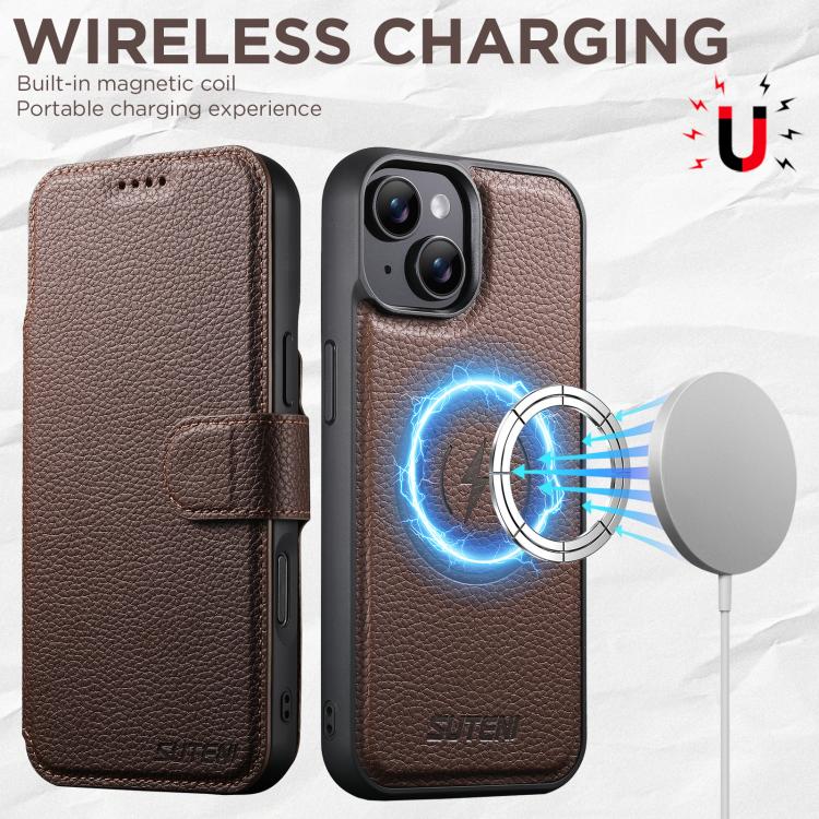 For iPhone 15 Suteni Q05 -in-1 Multi-function MagSafe Wallet Big Litchi Leather Phone Case