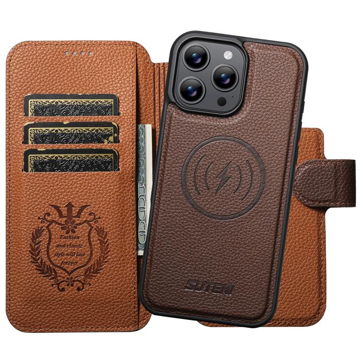 For iPhone 14 Pro Suteni Q05 -in-1 Multi-function MagSafe Wallet Big Litchi Leather Phone Case