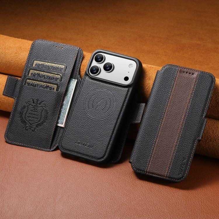 For iPhone 17 Pro Max Suteni Q08 2-in-1 Multi-function Magnetic Wallet Big Litchi Vegan Leather Phone Case