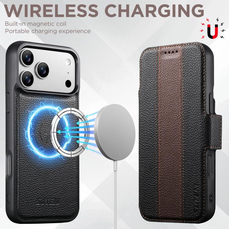 For iPhone 17 Pro Max Suteni Q08 2-in-1 Multi-function Magnetic Wallet Big Litchi Vegan Leather Phone Case