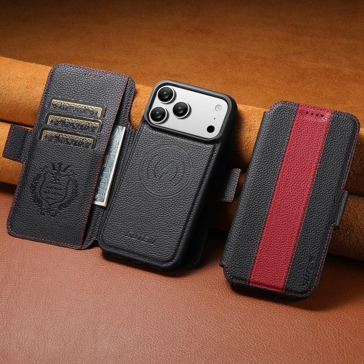 For iPhone 17 Pro Max Suteni Q08 2-in-1 Multi-function Magnetic Wallet Big Litchi Vegan Leather Phone Case