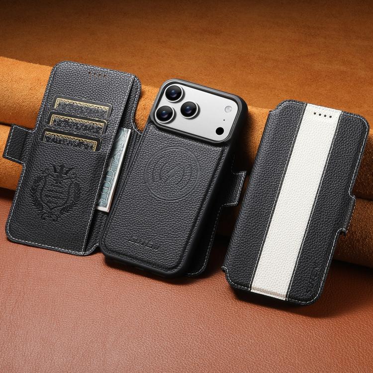 For iPhone 17 Pro Max Suteni Q08 2-in-1 Multi-function Magnetic Wallet Big Litchi Vegan Leather Phone Case