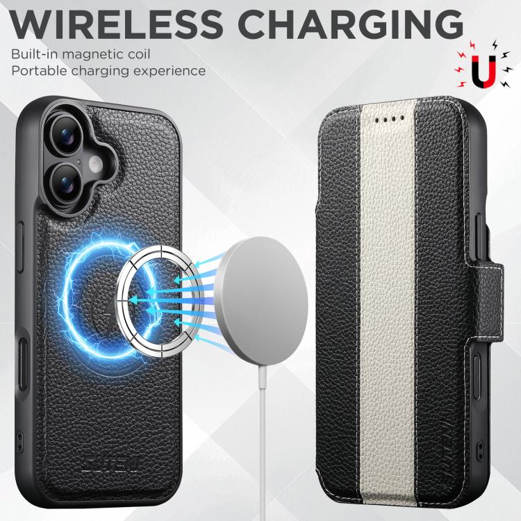 For iPhone 17 Suteni Q08 2-in-1 Multi-function Magnetic Wallet Big Litchi Vegan Leather Phone Case