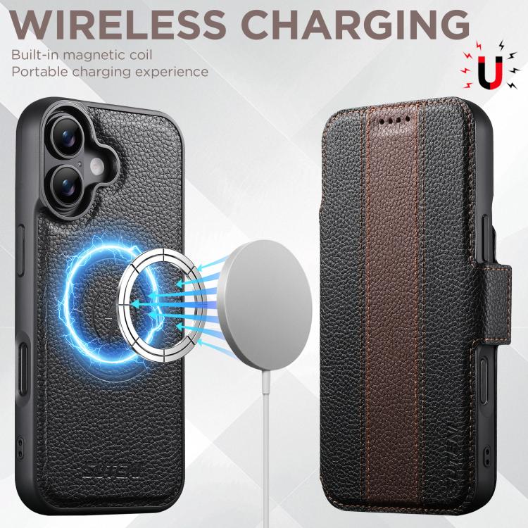 For iPhone 16 Suteni Q08 2-in-1 Multi-function Magnetic Wallet Big Litchi Vegan Leather Phone Case
