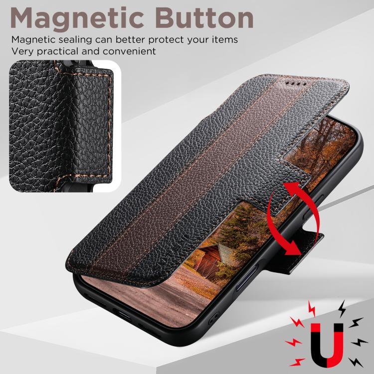 For iPhone 16 Suteni Q08 2-in-1 Multi-function Magnetic Wallet Big Litchi Vegan Leather Phone Case