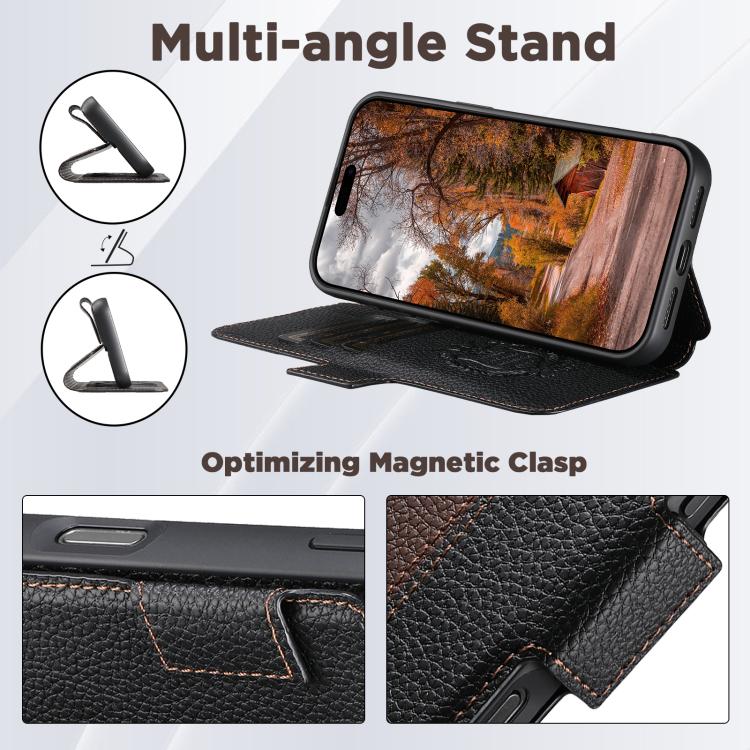 For iPhone 16 Suteni Q08 2-in-1 Multi-function Magnetic Wallet Big Litchi Vegan Leather Phone Case
