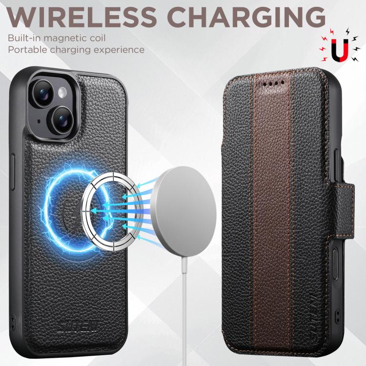 For iPhone 15 Suteni Q08 2-in-1 Multi-function Magnetic Wallet Big Litchi Vegan Leather Phone Case