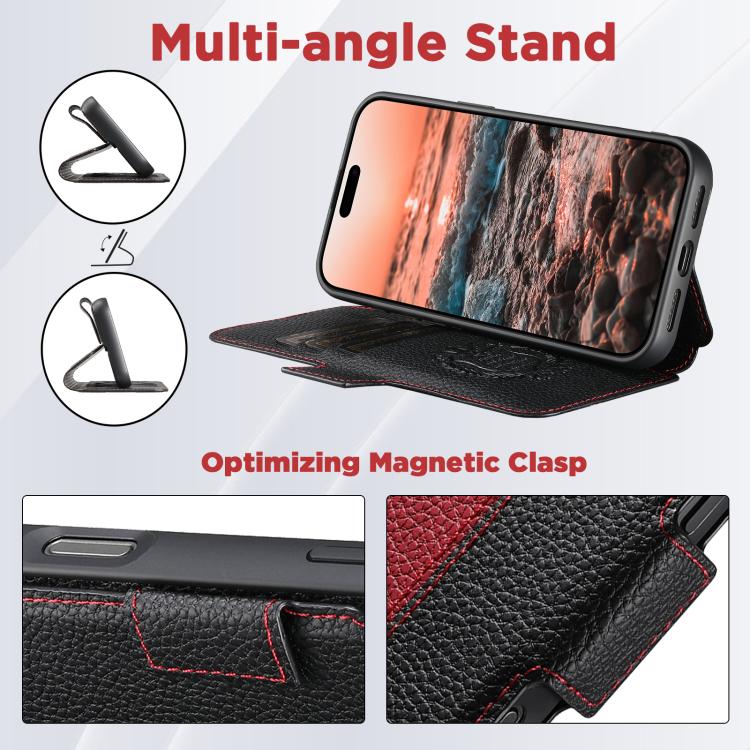 For iPhone 15 Suteni Q08 2-in-1 Multi-function Magnetic Wallet Big Litchi Vegan Leather Phone Case
