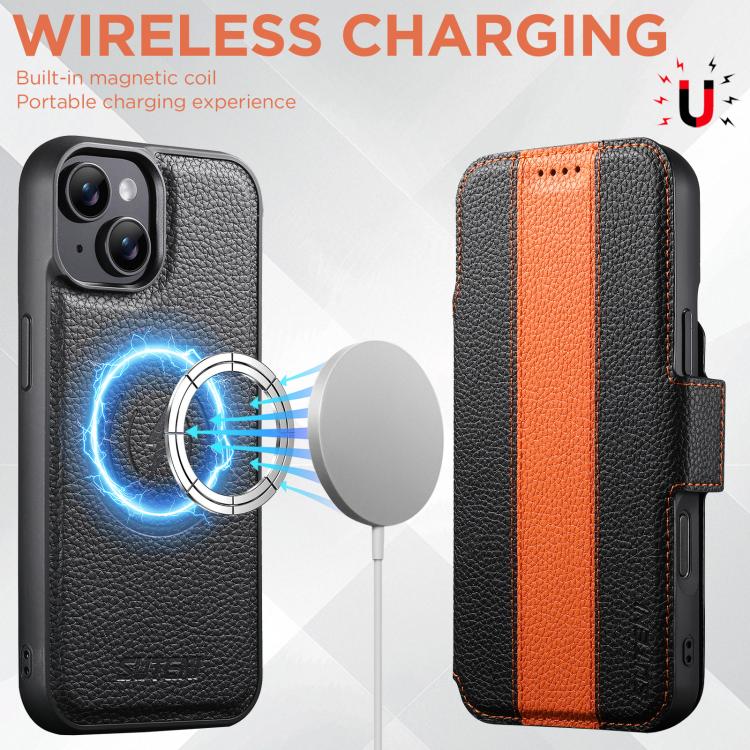 For iPhone 15 Suteni Q08 2-in-1 Multi-function Magnetic Wallet Big Litchi Vegan Leather Phone Case
