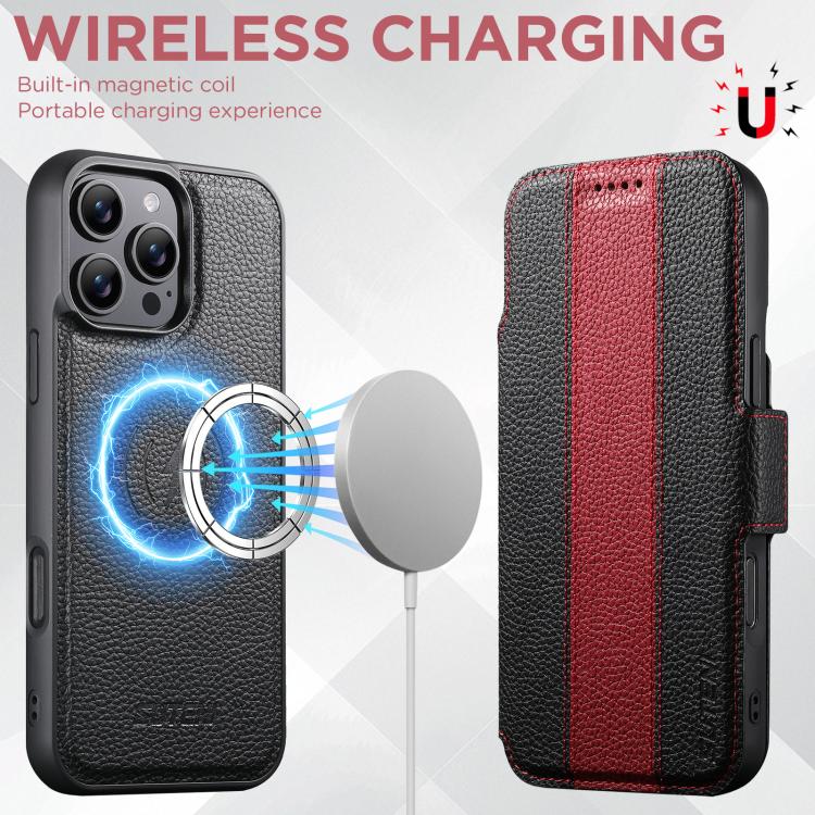 For iPhone 14 Pro Max Suteni Q08 2-in-1 Multi-function Magnetic Wallet Big Litchi Vegan Leather Phone Case