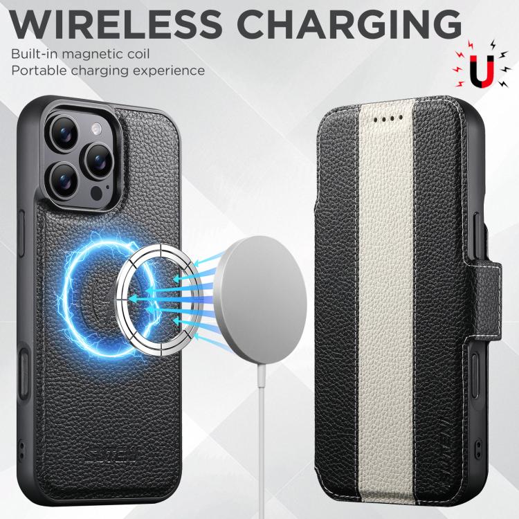 For iPhone 14 Pro Max Suteni Q08 2-in-1 Multi-function Magnetic Wallet Big Litchi Vegan Leather Phone Case