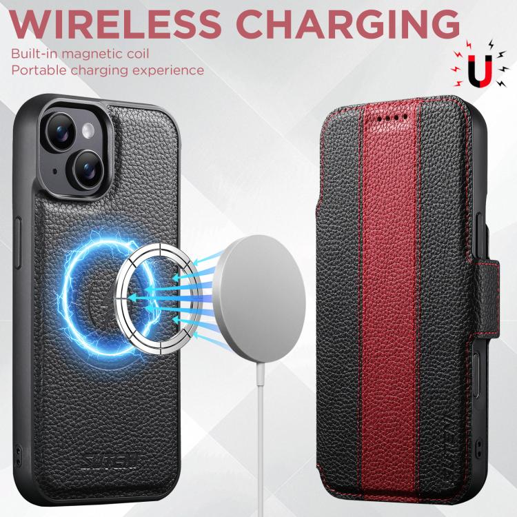 For iPhone 14 Suteni Q08 2-in-1 Multi-function Magnetic Wallet Big Litchi Vegan Leather Phone Case