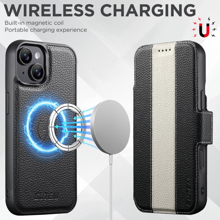 For iPhone 13 Suteni Q08 2-in-1 Multi-function Magnetic Wallet Big Litchi Vegan Leather Phone Case