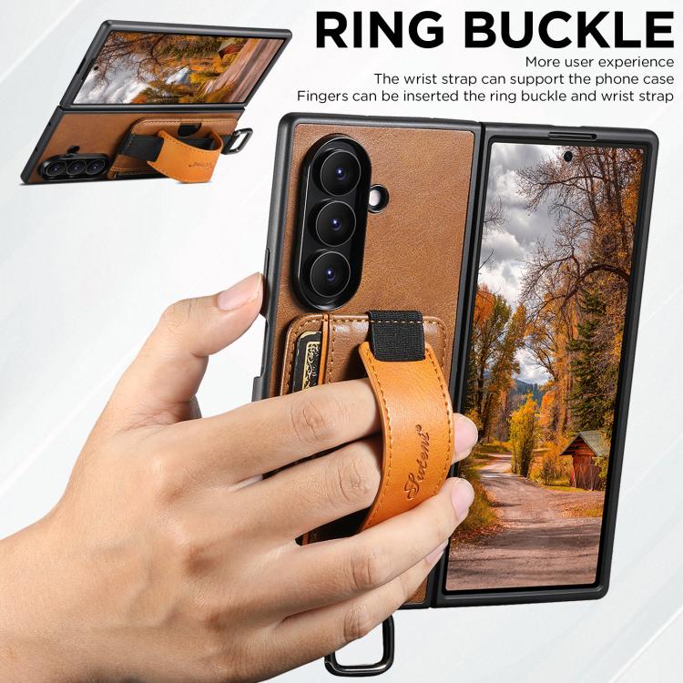 For Samsung Galaxy Z Fold5 Suteni H13 Oil Wax Leather Wrist Strap Wallet Back Phone Case