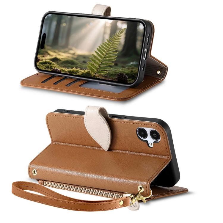 For Samsung Galaxy A07 Leaf Buckle Zipper Wallet Leather Phone Case with Strap