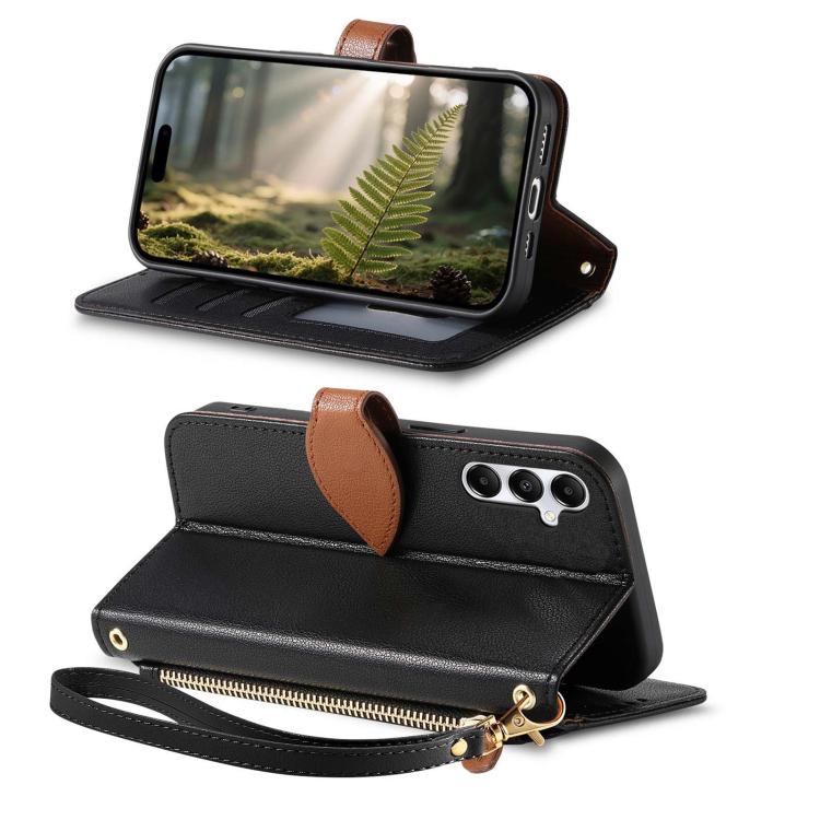 For Samsung Galaxy A16 Leaf Buckle Zipper Wallet Leather Phone Case with Strap