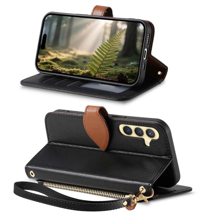 For Samsung Galaxy S24+ 5G Leaf Buckle Zipper Wallet Leather Phone Case with Strap